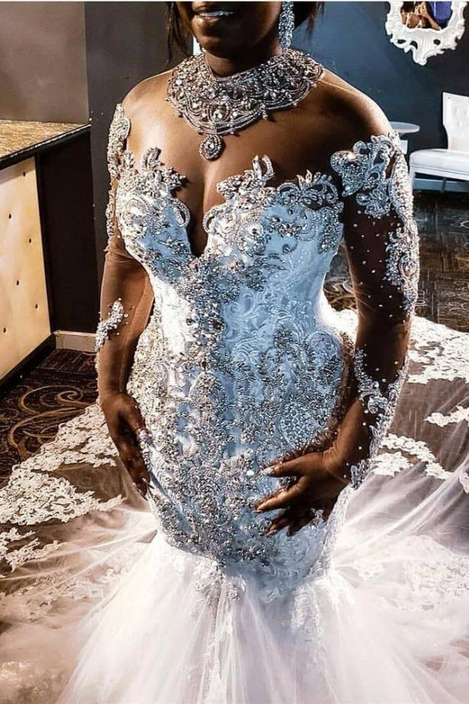 Mermaid V-Neck Long Train Long Sleeves Tulle Beading Applique Wedding Dress