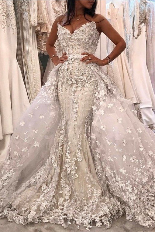 Mermaid V-Neck Long Train Sleeveless Tulle Applique Wedding Dress