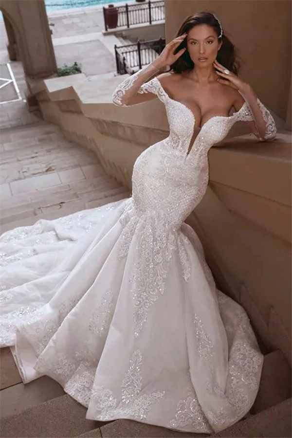 Mermaid V-Neck Off-the-shoulder Long Train Organza Paillette Applique Wedding Dress
