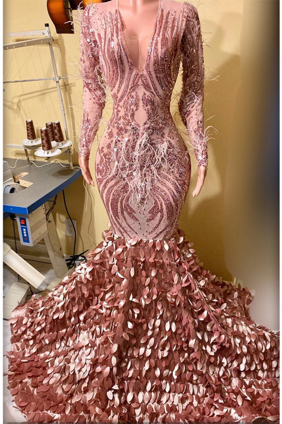 Mermaid V-Neck Sequined Floor-Length Long Sleeve Lace Prom Dress With Feather