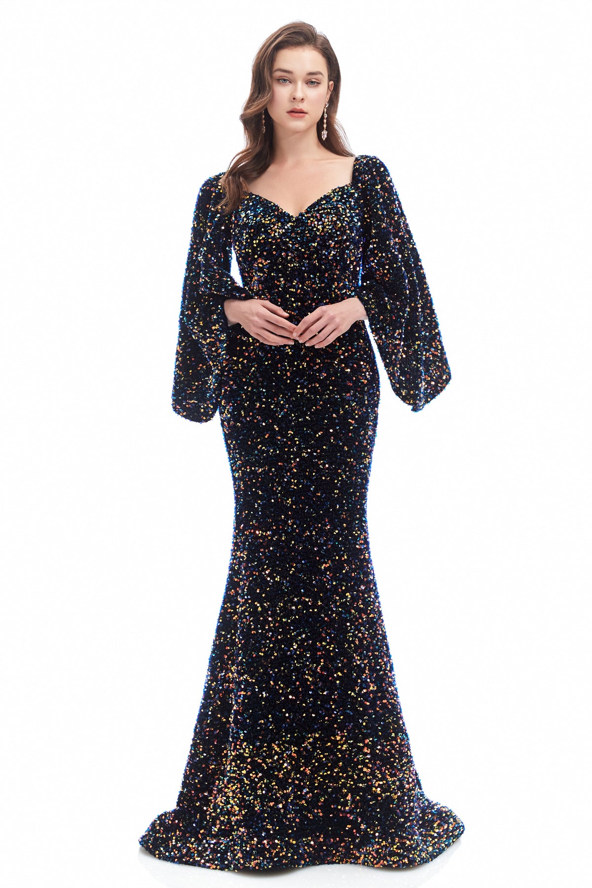 Mermaid V-Neck Sequined Floor-Length Long Sleeve Prom Dress