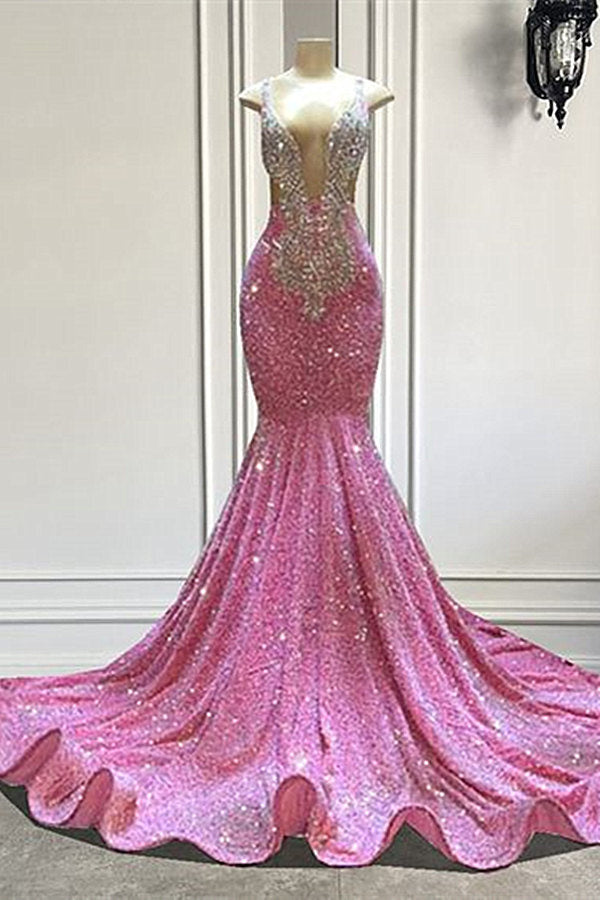 Mermaid V-Neck Sequined Floor-Length Sleeveless Prom Dress