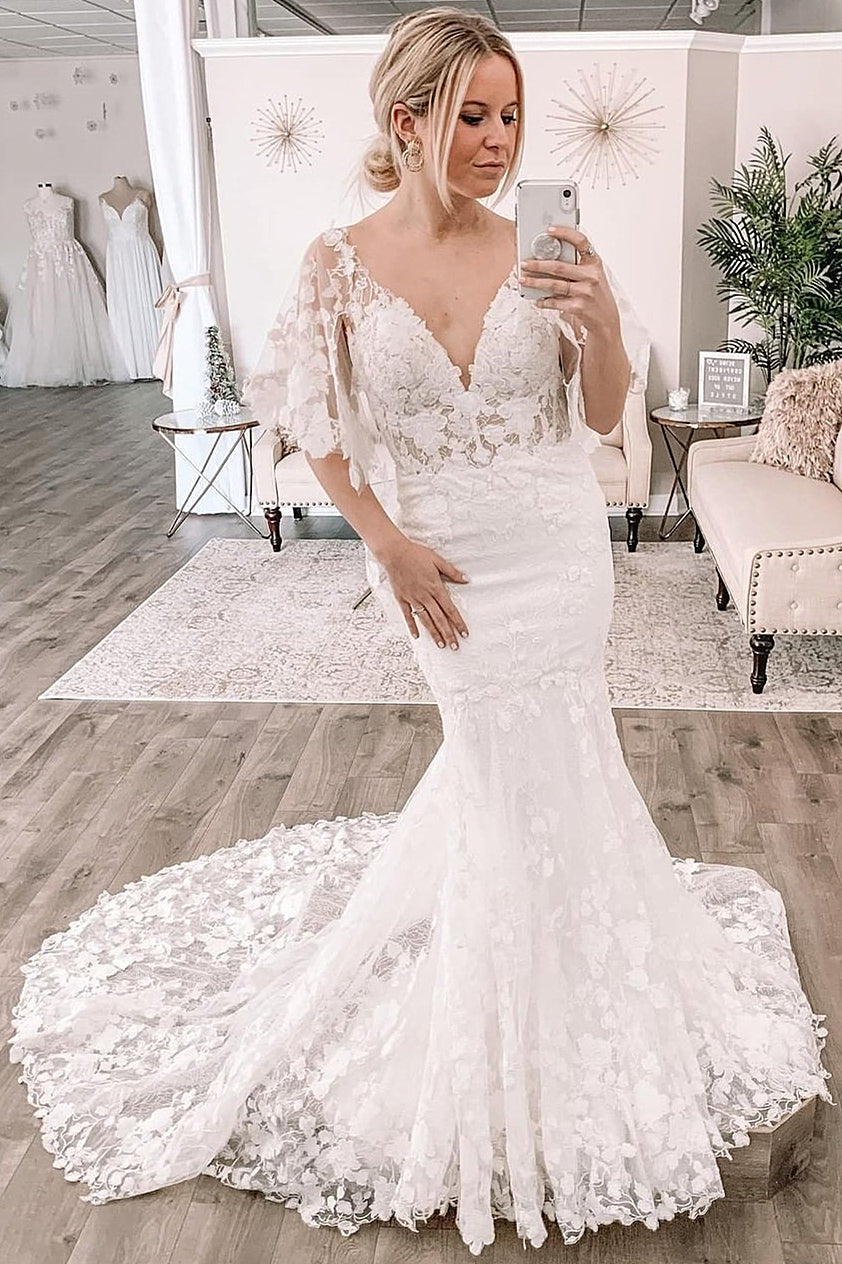 Mermaid V-Neck Short Train Half Sleeve Tulle Applique Wedding Dress