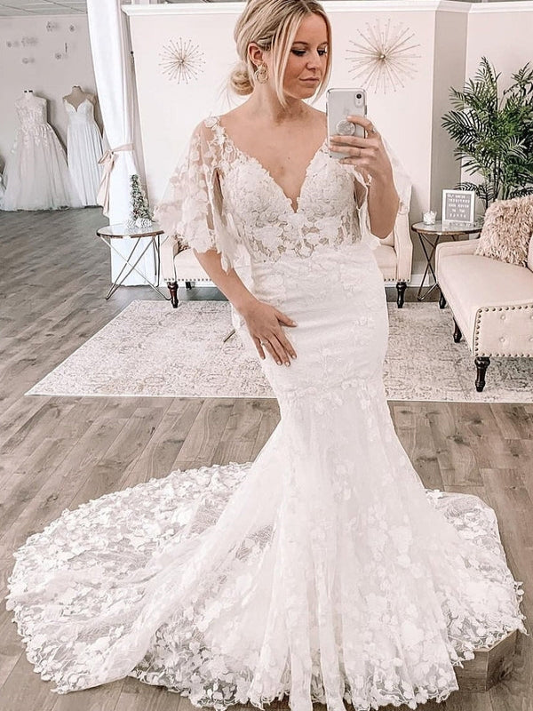 Lace Flutter Short Sleeve Deep V Mermaid Long Ornate Train Wedding Dress