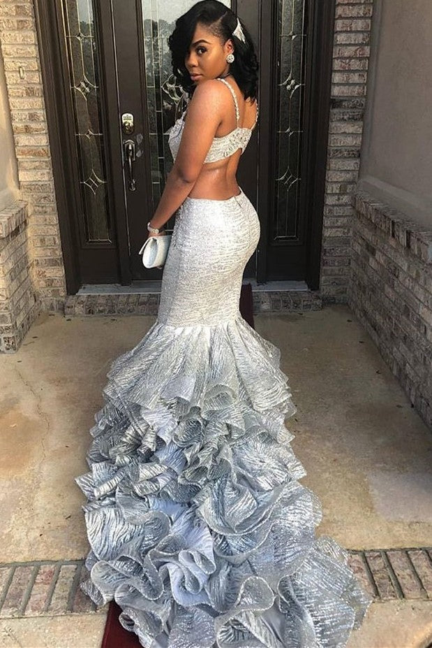 Mermaid V-Neck Spaghetti Strap Backless Chapel Pleated Lotus Leaf Hem Prom Dress