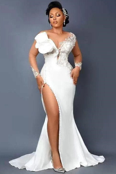 Mermaid V-Neck Strapless High Split Applique Floor-Length Long Sleeve Flower Wedding Dress