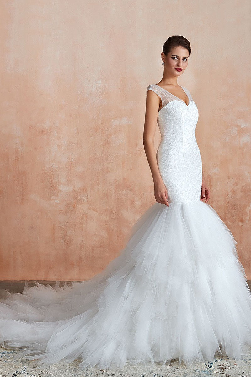 Mermaid Wedding Dress Beaded Chic V-Neck Sleeveless Bridal Gowns With Train
