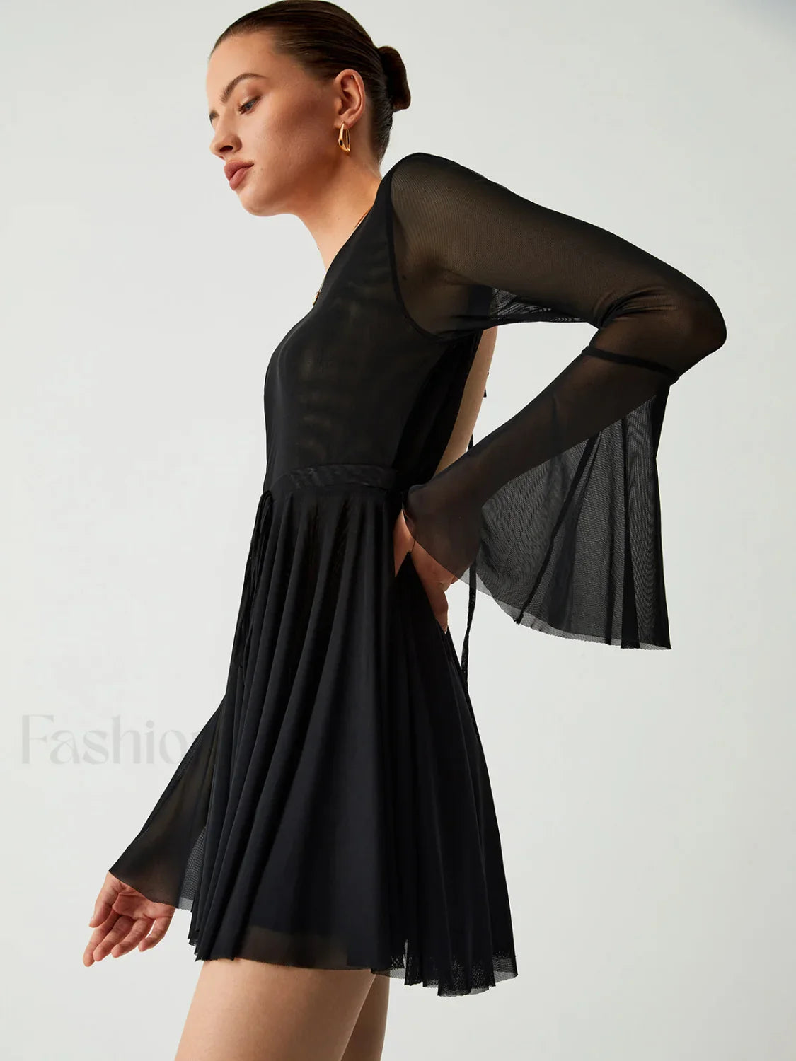 Mesh Flare Sleeve Trendy Open Back Short Dress