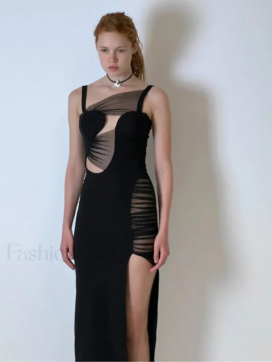 Mesh Hollow V Neck Maxi Dress