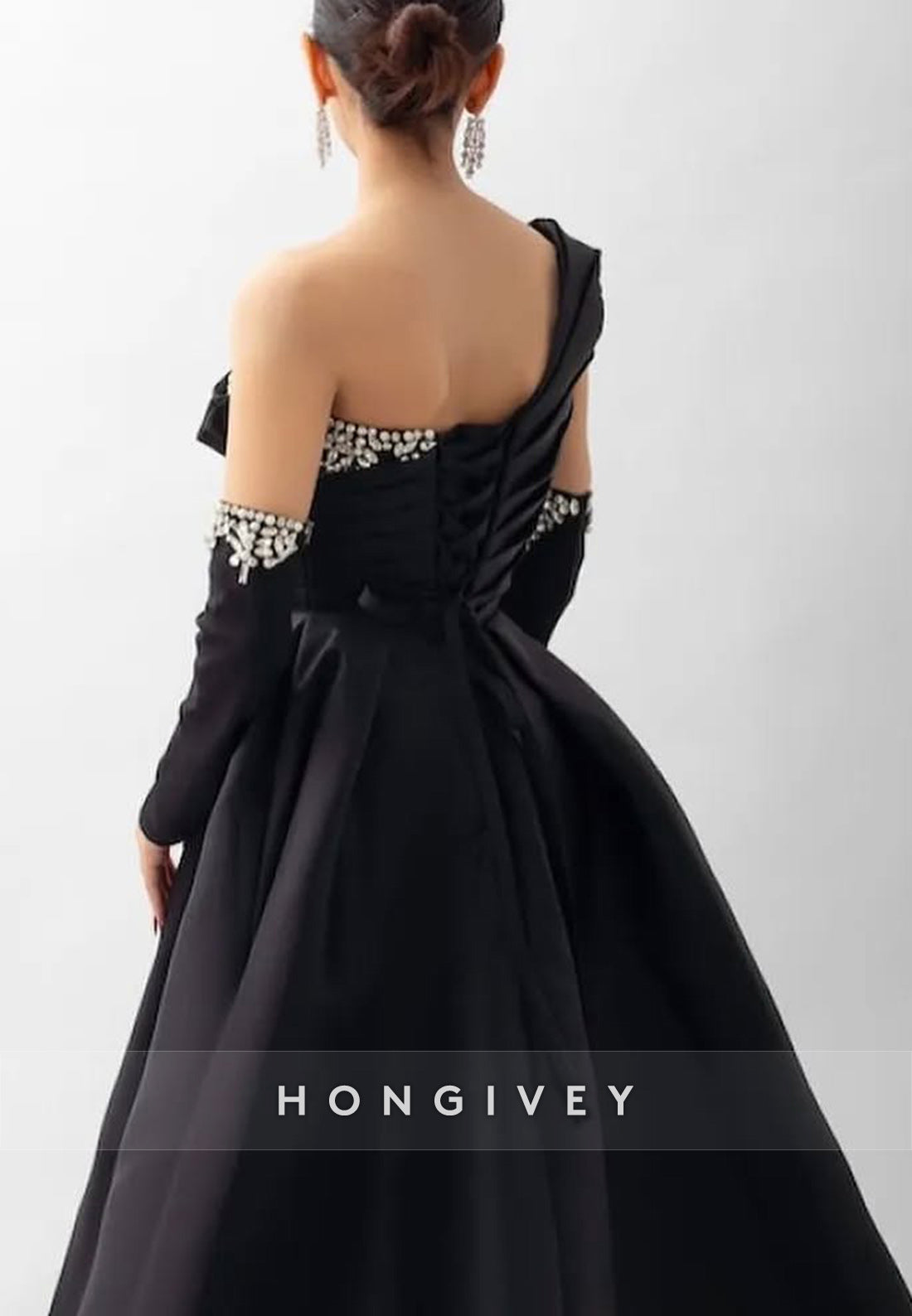 Black Ball Gown One Shoulder Beading Pleated Evening Formal Dresses