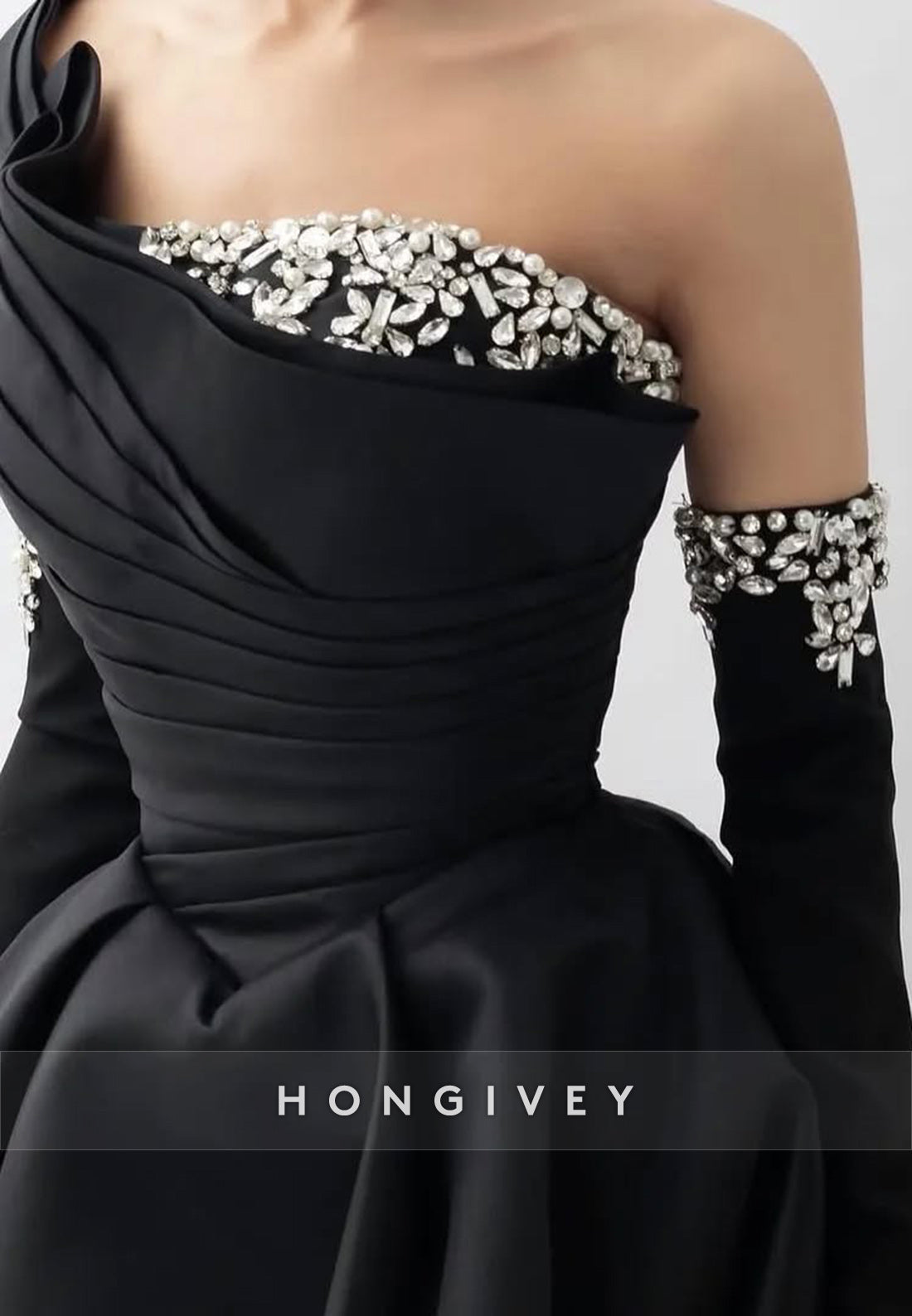 Black Ball Gown One Shoulder Beading Pleated Evening Formal Dresses