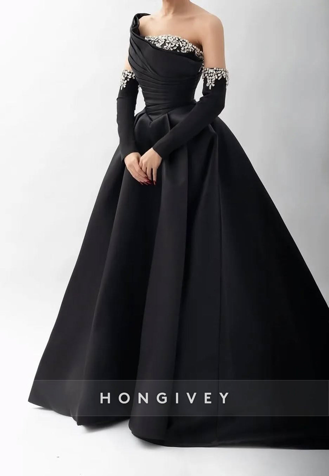 Black Ball Gown One Shoulder Beading Pleated Evening Formal Dresses