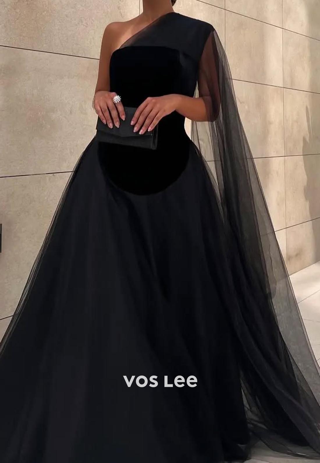 A-line Floor-Length One Shoulder Tulle Black Formal Evening Dresses