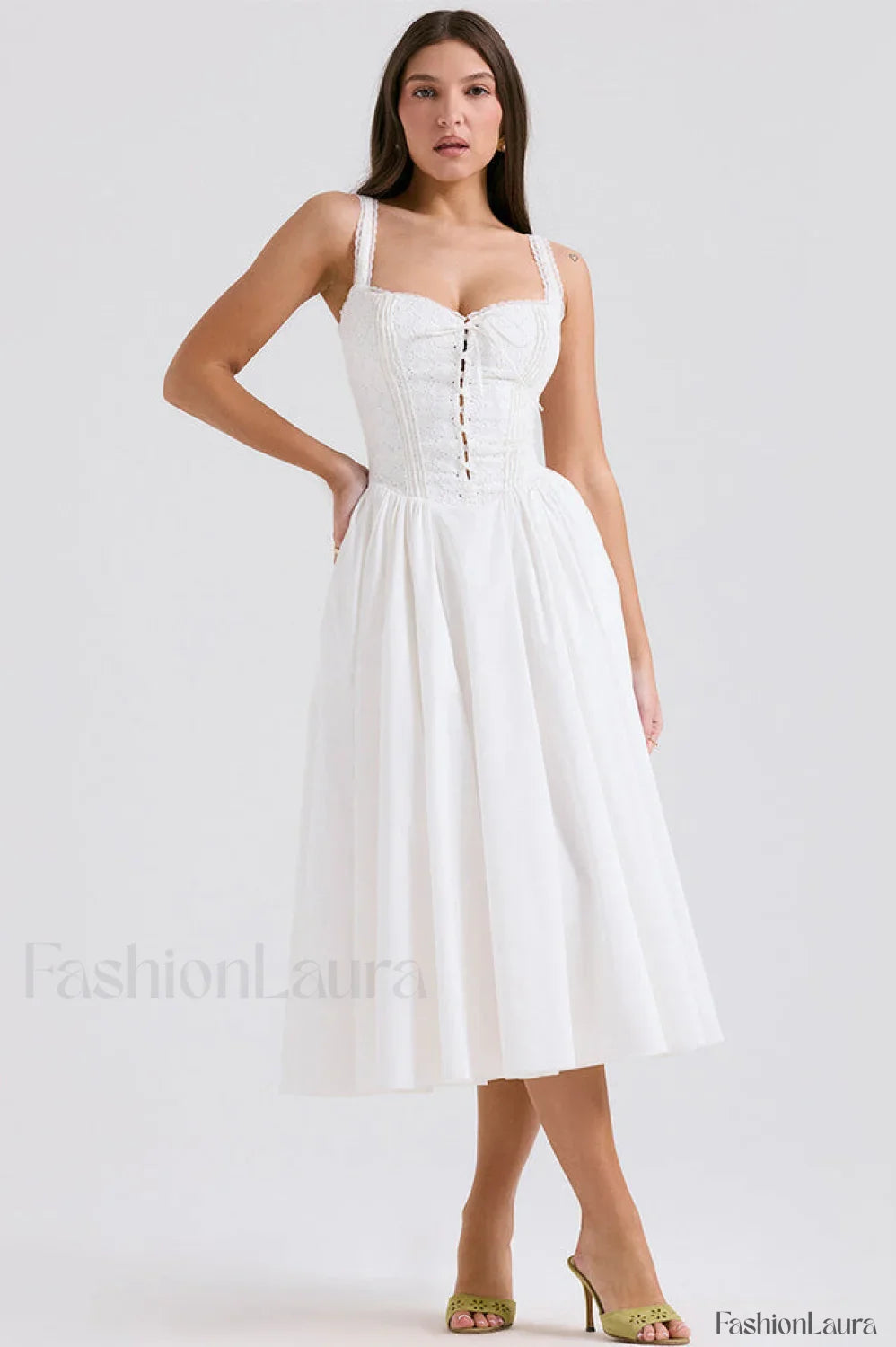 Milia White Stylish Brogue Cotton Dress