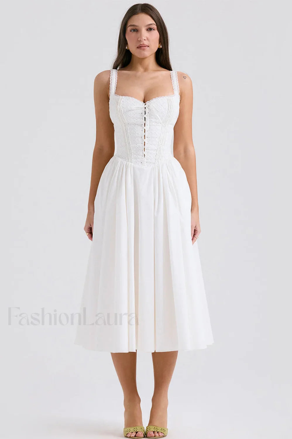Milia White Stylish Brogue Cotton Dress XS / White