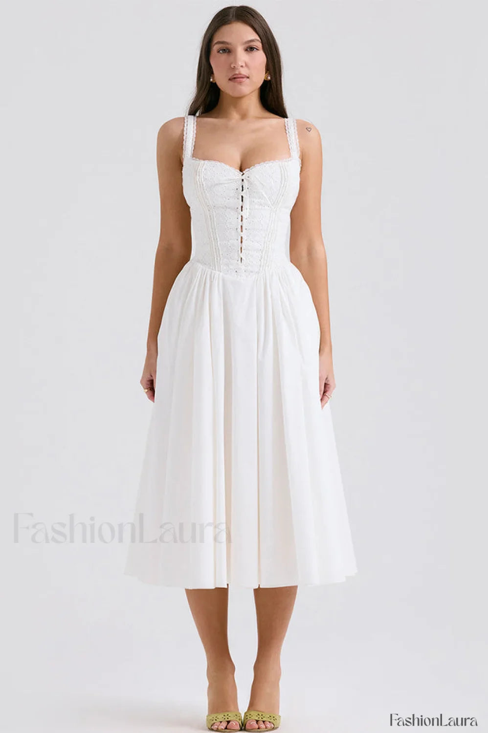 Milia White Stylish Brogue Cotton Dress