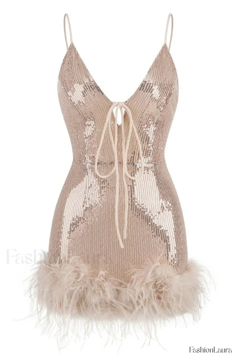 Mini Sequin Dress Charming With Feather Trim