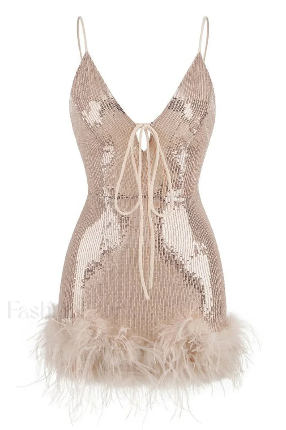 Mini Sequin Dress Charming With Feather Trim XS / Gold Rose