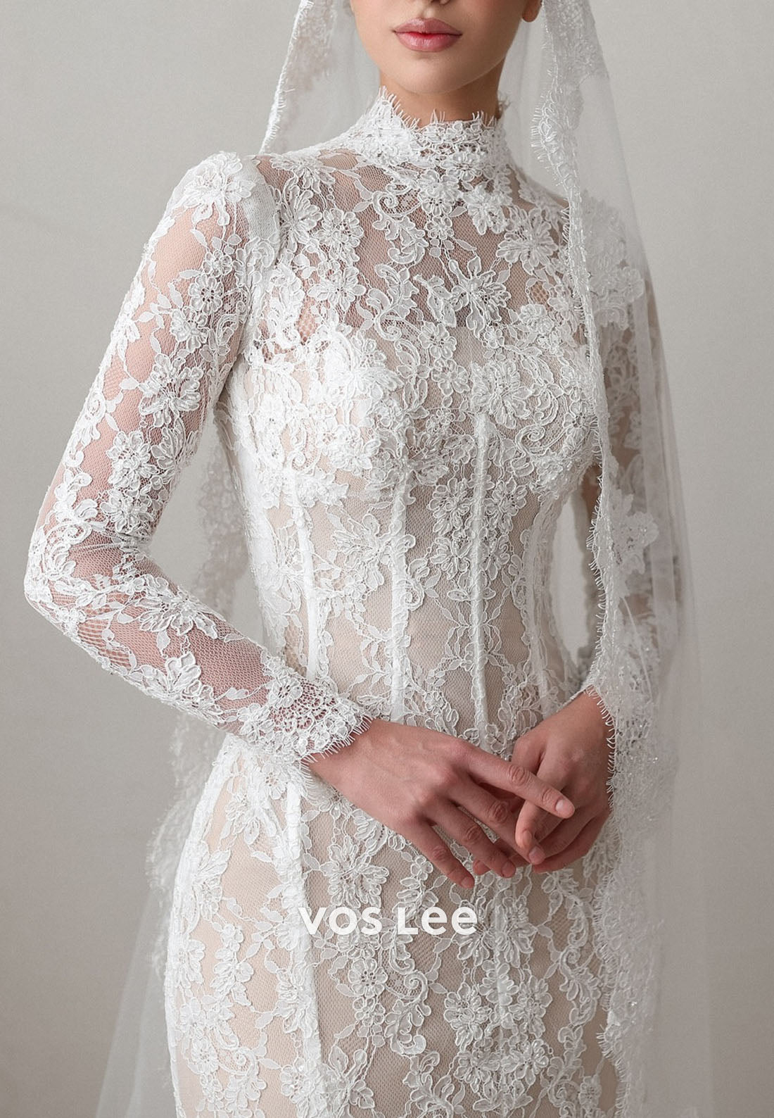 Luxury High Neck Sheer Long Sleeve Floral Lace Mermaid Wedding Dress With Detachable Train