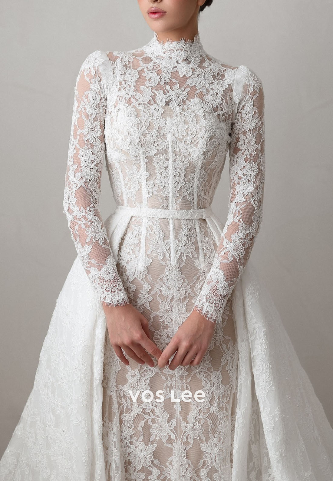 Luxury High Neck Sheer Long Sleeve Floral Lace Mermaid Wedding Dress With Detachable Train