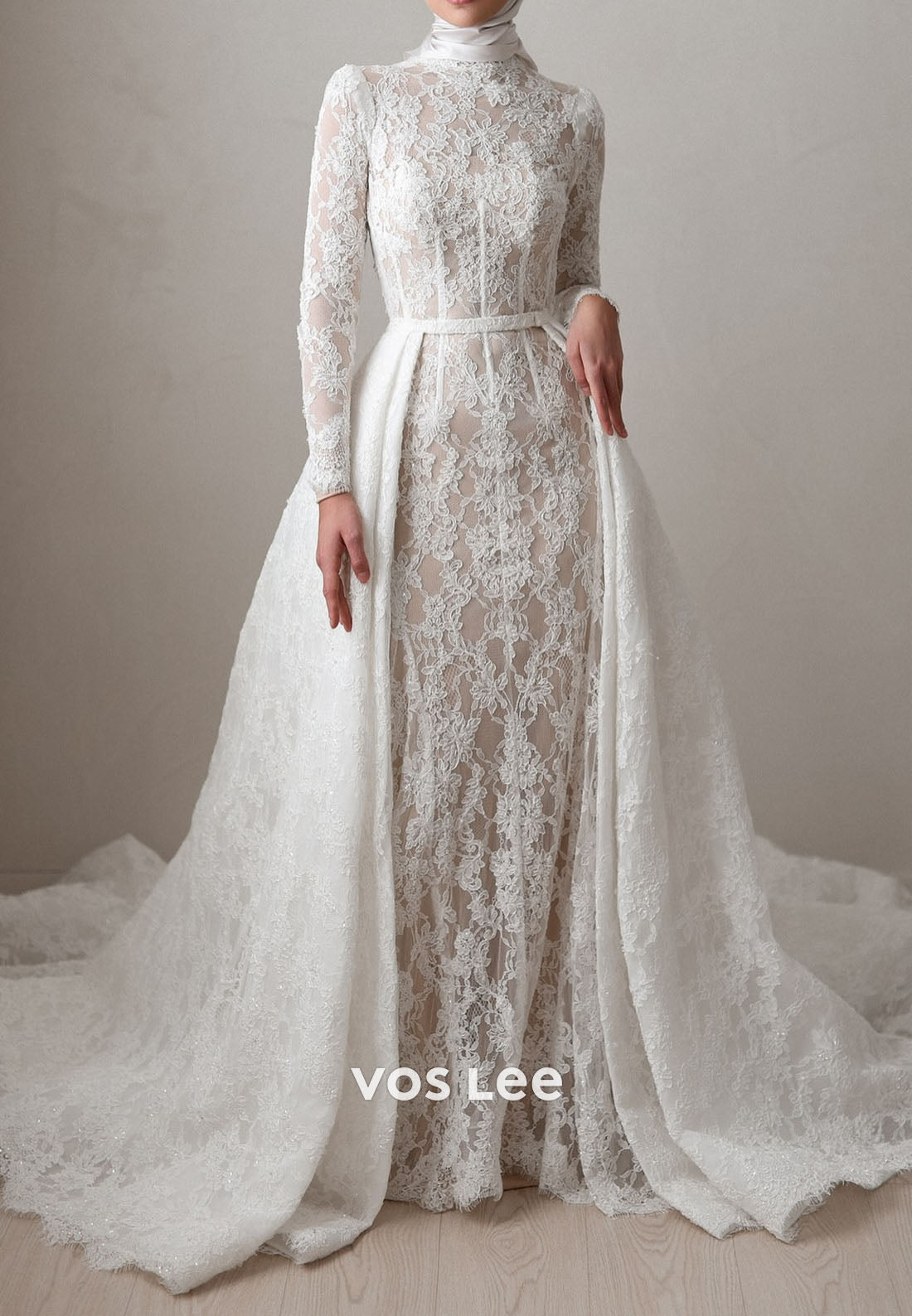 Luxury High Neck Sheer Long Sleeve Floral Lace Mermaid Wedding Dress With Detachable Train