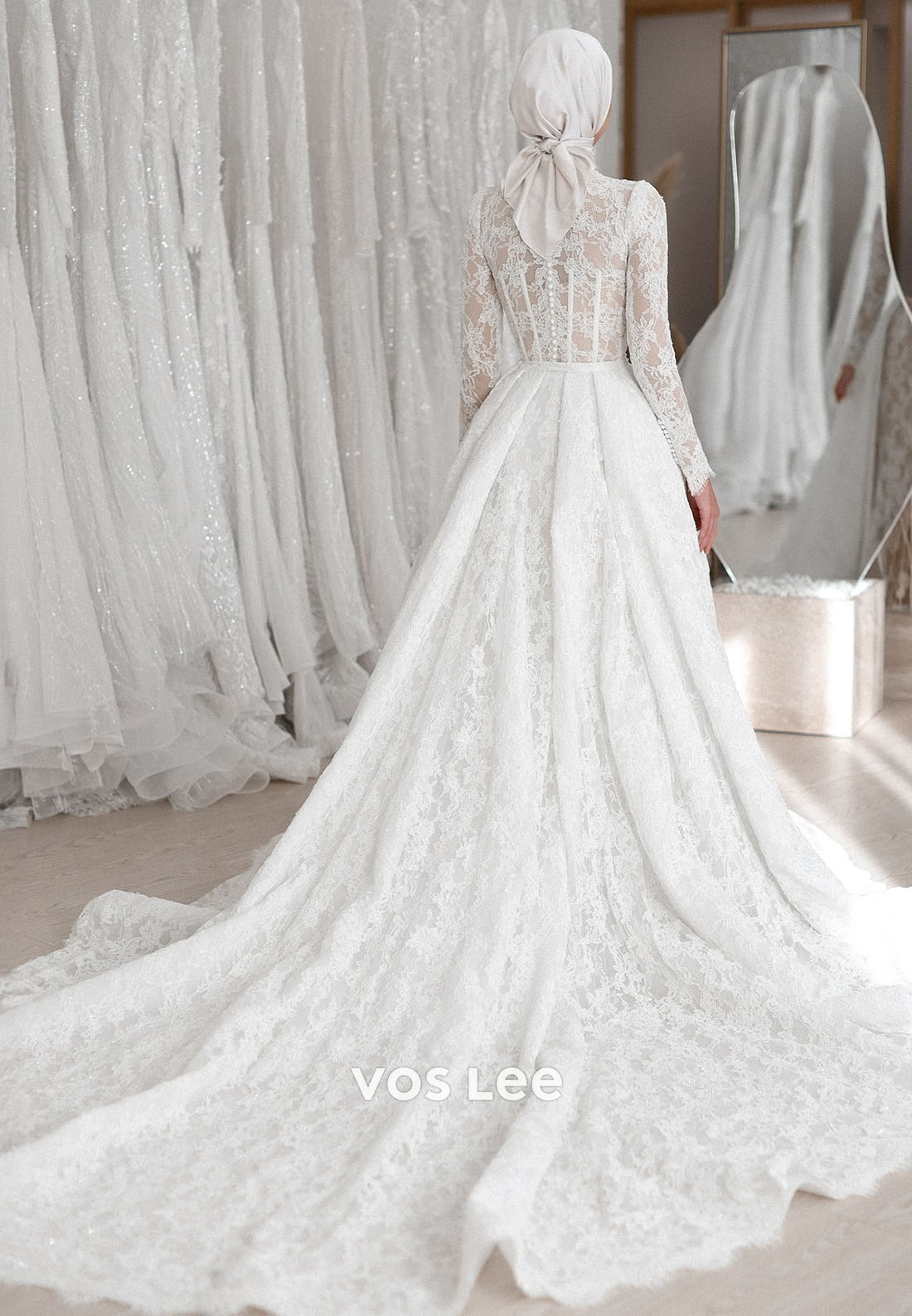 Luxury High Neck Sheer Long Sleeve Floral Lace Mermaid Wedding Dress With Detachable Train