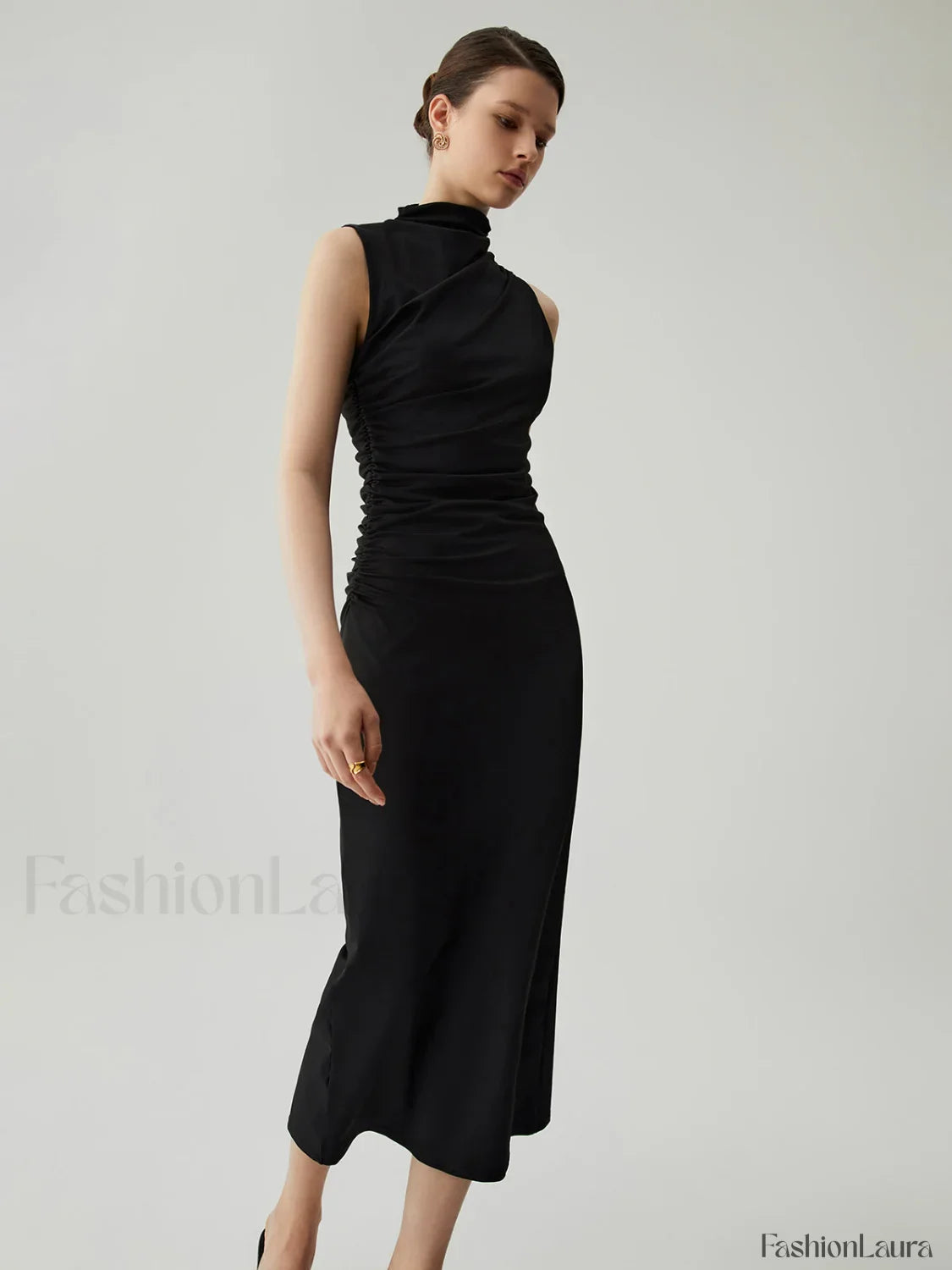 Mock Neck Sleeveless Trendy Split Ruched Long Dress