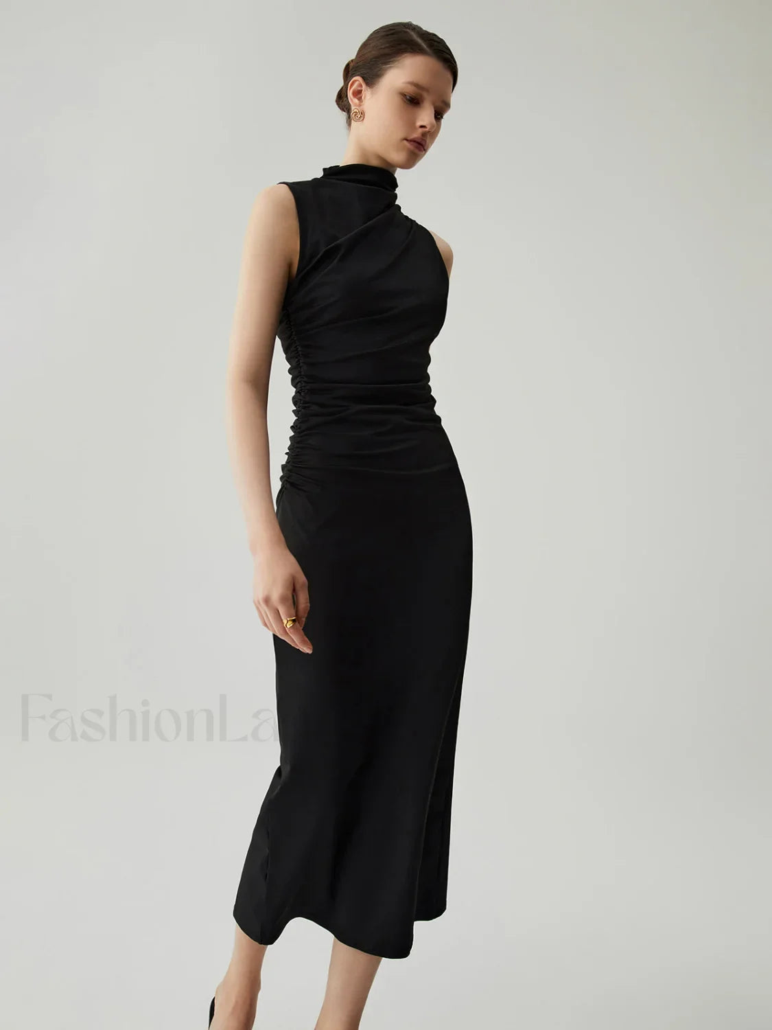 Mock Neck Sleeveless Trendy Split Ruched Long Dress