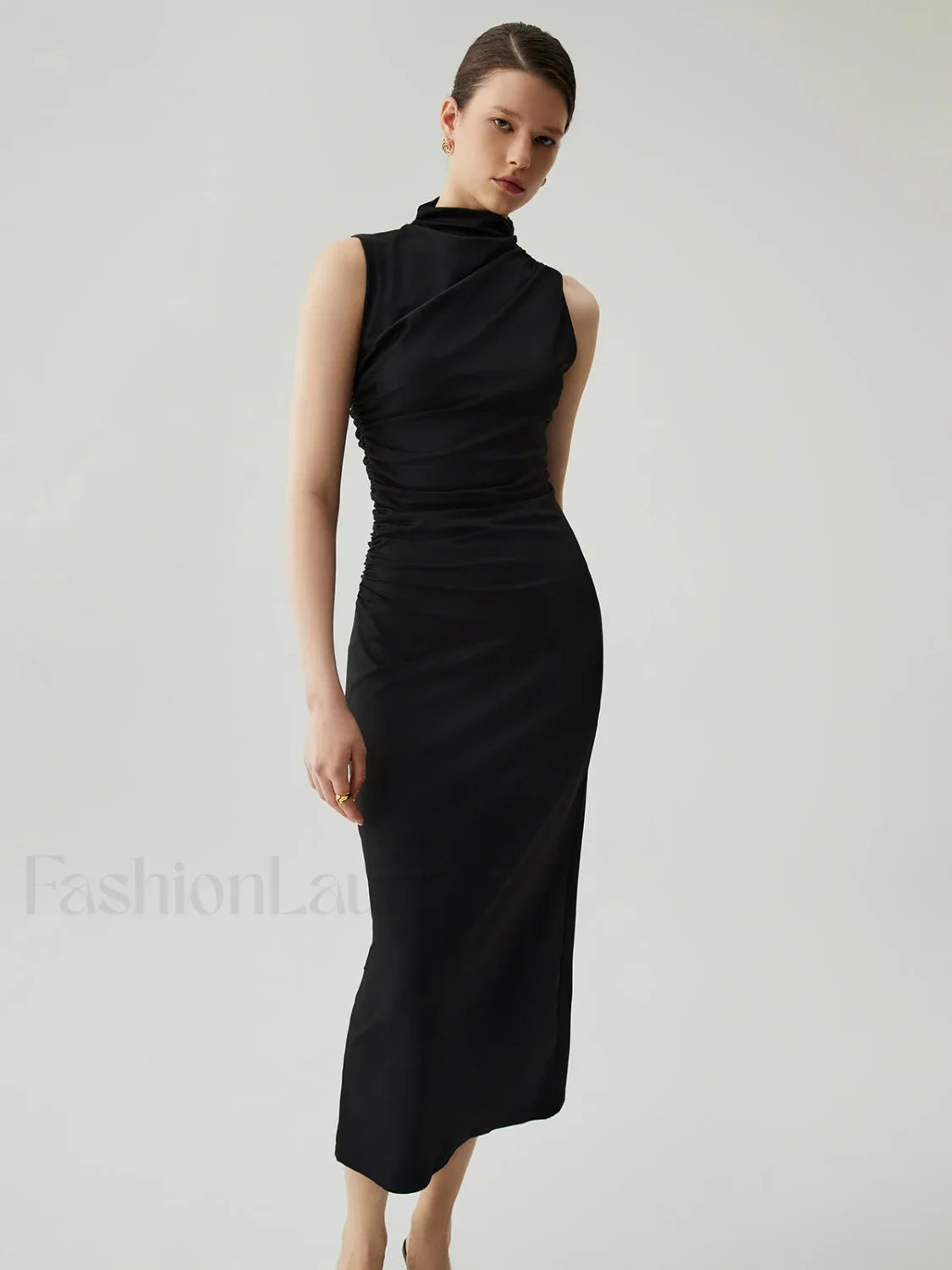 Mock Neck Sleeveless Trendy Split Ruched Long Dress