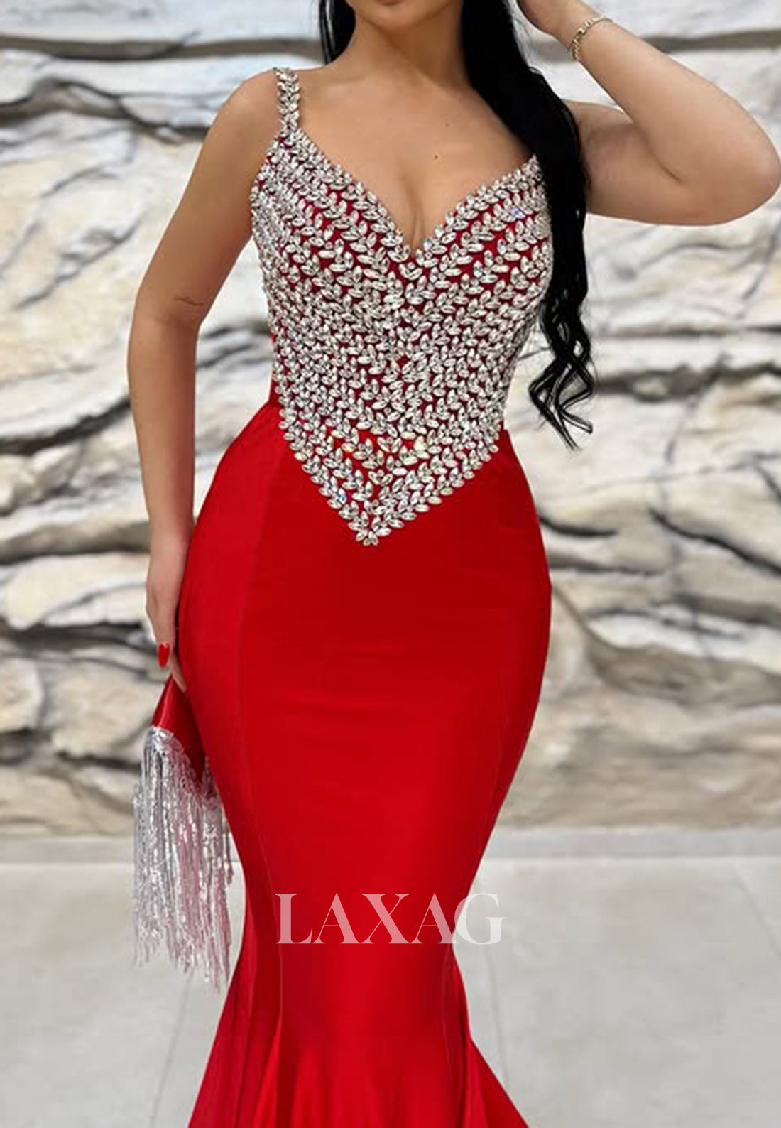 Spaghetti Straps V-Neck Sleeveless Mermaid Prom Dress Off-Shoulder Beaded Pleated Party Gowns