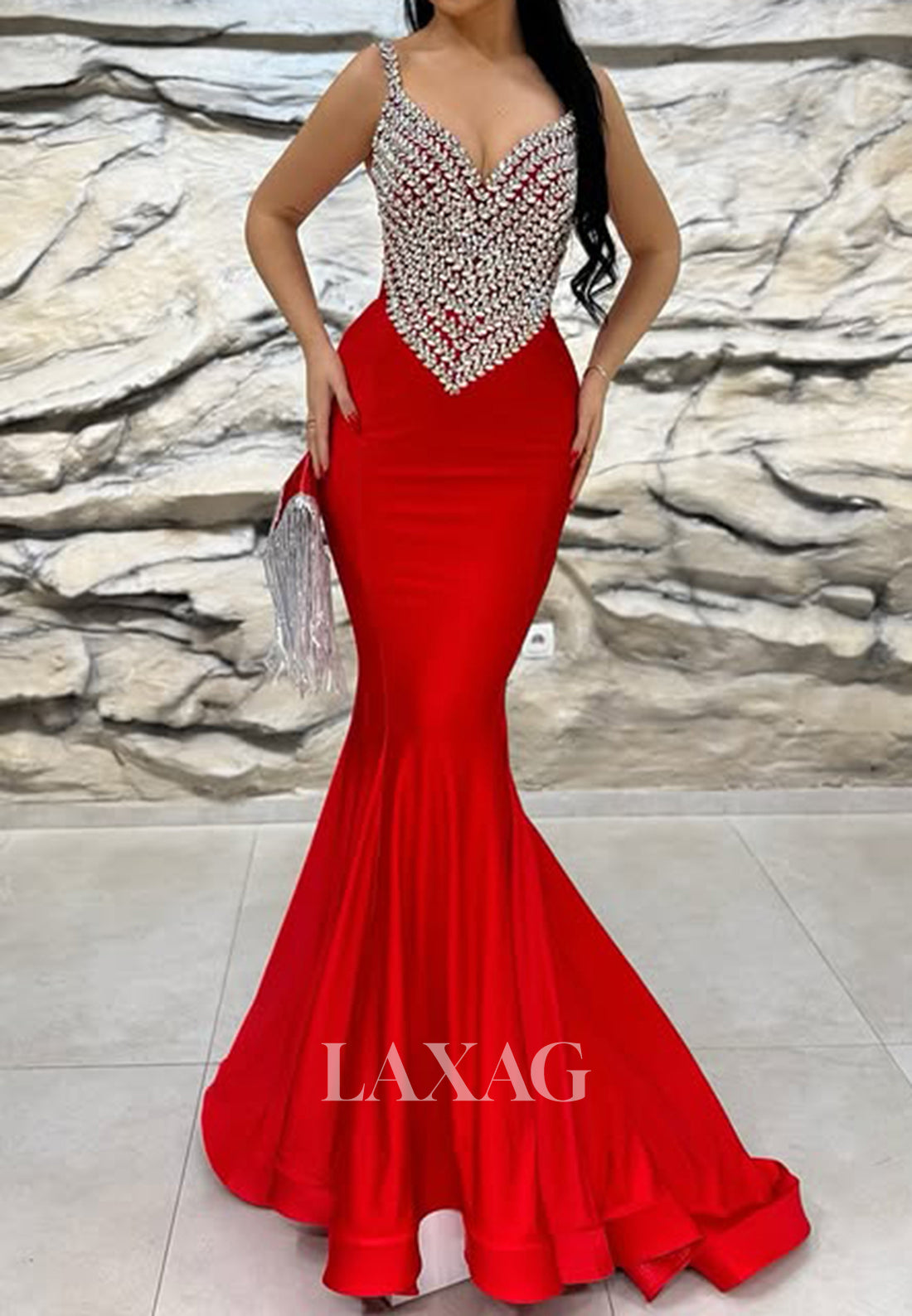 Spaghetti Straps V-Neck Sleeveless Mermaid Prom Dress Off-Shoulder Beaded Pleated Party Gowns