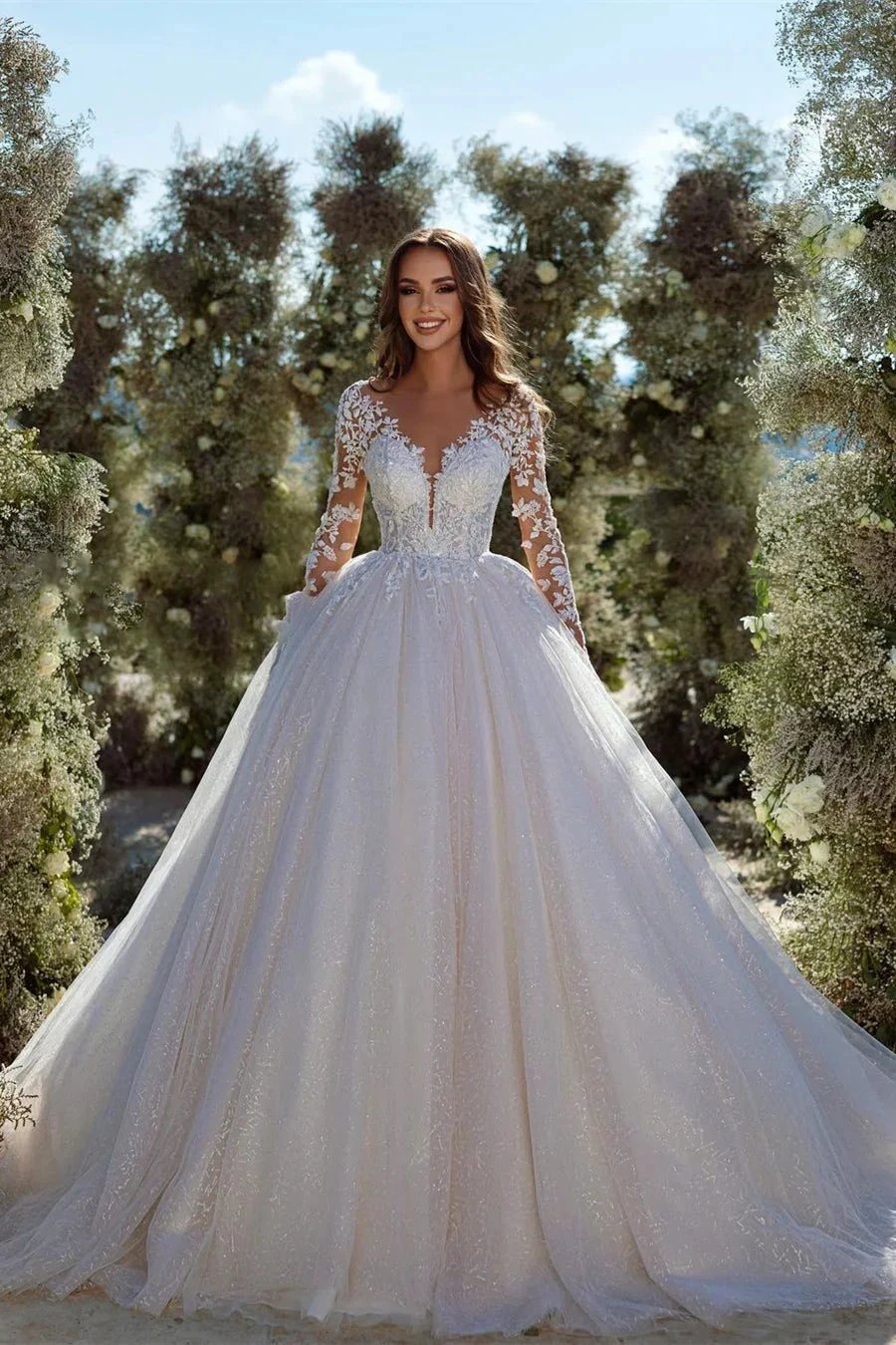 Modern A-line Lace Tulle Appliques Wedding Dress With Long Sleeves (ZD16412)