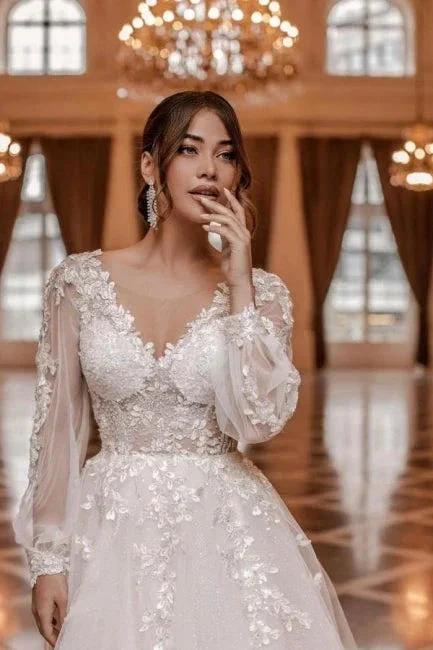 Modern A-line V-neck Lace Wedding Dresses With Long Sleeves (ZD16524)