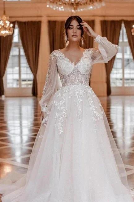Modern A-line V-neck Lace Wedding Dresses With Long Sleeves (ZD16524) - VelvetHem