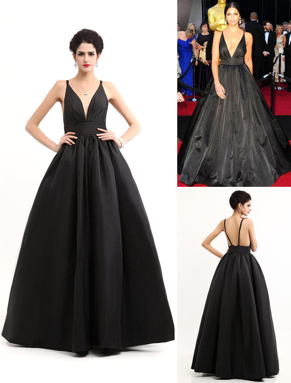 Modern Celebrity Dresses Black Oscar Evening Dress Straps Backless Deep V Taffeta Dress