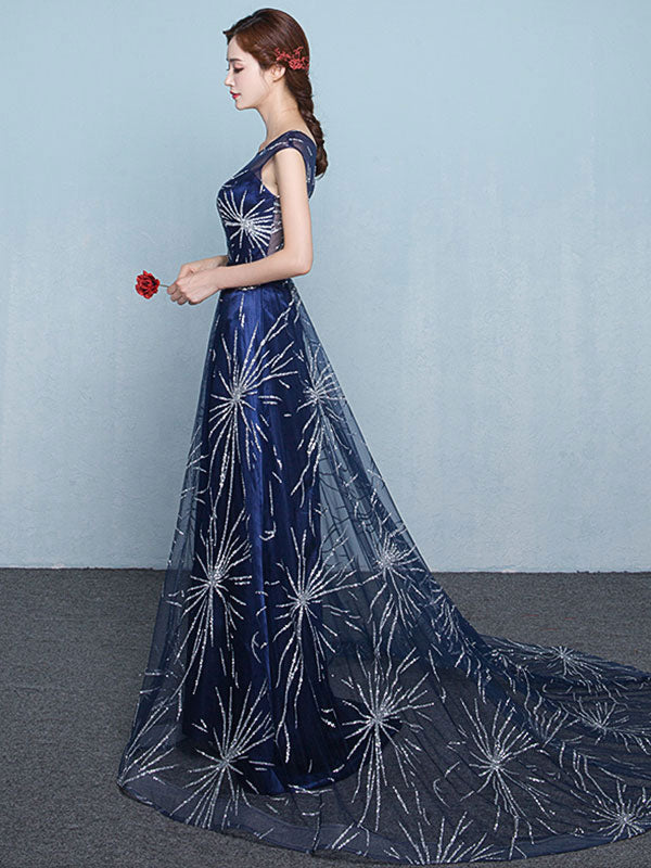 Modern Constellation Dress Dark Navy Evening Dress Sexy A-Line Scoop Neck Sequin Star Tulle Formal Party Dresses With Train