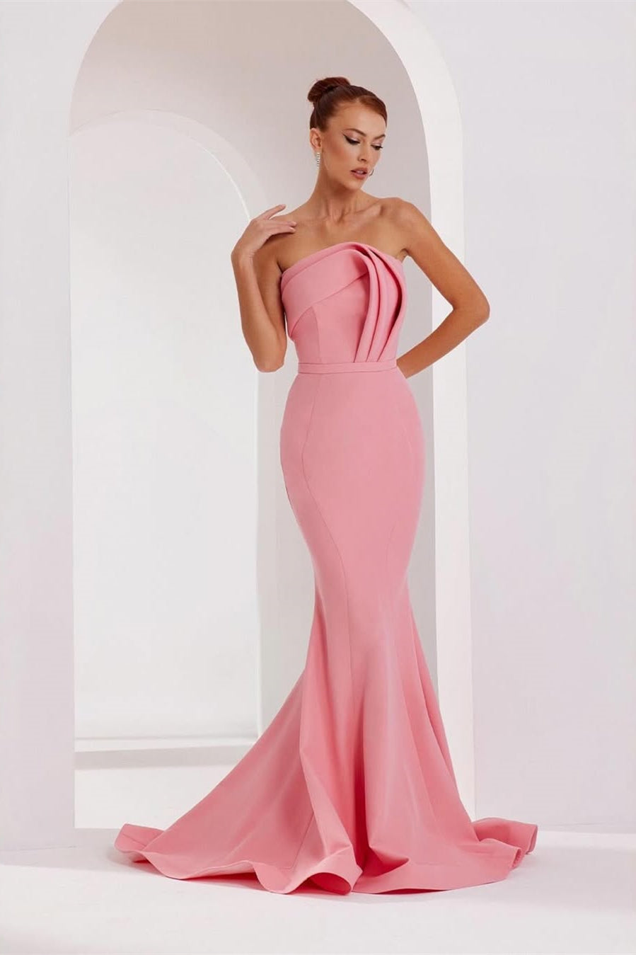 Modern Dusty Rose Strapless Satin Prom Dress Mermaid Sheath Sleeveless
