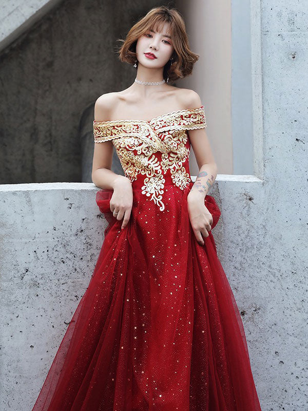 Modern Evening Dress A-Line Bateau Neck Tulle Floor-Length Sequins Sequined Dress