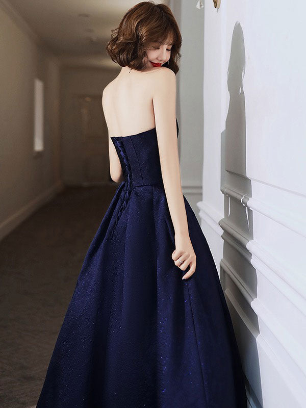 Modern Evening Dress A-Line Strapless Satin Fabric Floor-Length Pleated Social Party Dresses