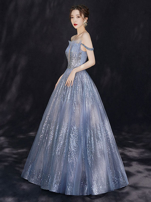 Modern Evening Dress Constellation Dress Princess Silhouette Bateau Neck Floor-Length Sequined Sleeveless Formal Dinner Evening Dresses