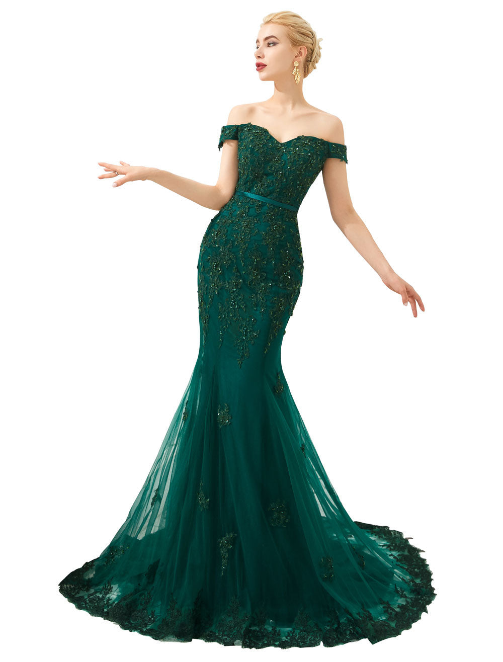 Modern Evening Dress Luxury Handmade Beading Mermaid Off-the-Shoulder Short Sleeve Formal Dinner Dresses With Train