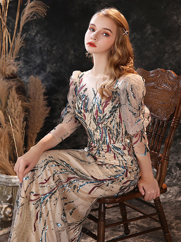 Modern Evening Dress Sheath Jewel Neck Lace Floor-Length Lace Formal Party Dresses