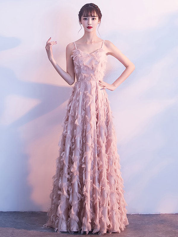 Modern Evening Dresses Blush Pink Long Halter Feathers Sleeveless Floor-Length Graduation Dress wedding guest dress