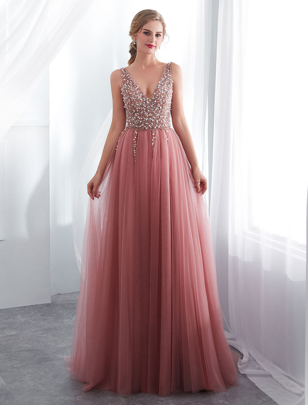 Modern Evening Dresses Cameo Pinkv Neck Beading A-Line Formal Evening Dress With Train