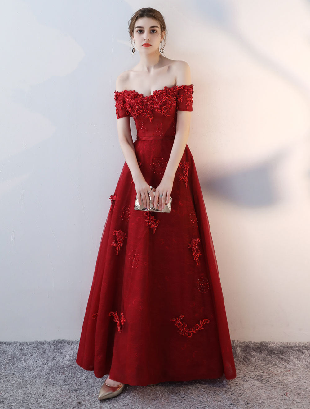 Modern Evening Dresses Long Burgundy Off-the-Shoulder evening dress Lace Applique Heavy Beading Sash Floor-Length Formal Evening Dress