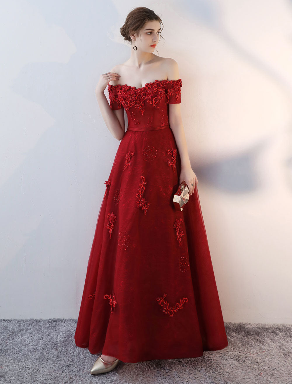 Modern Evening Dresses Long Burgundy Off-the-Shoulder evening dress Lace Applique Heavy Beading Sash Floor-Length Formal Evening Dress