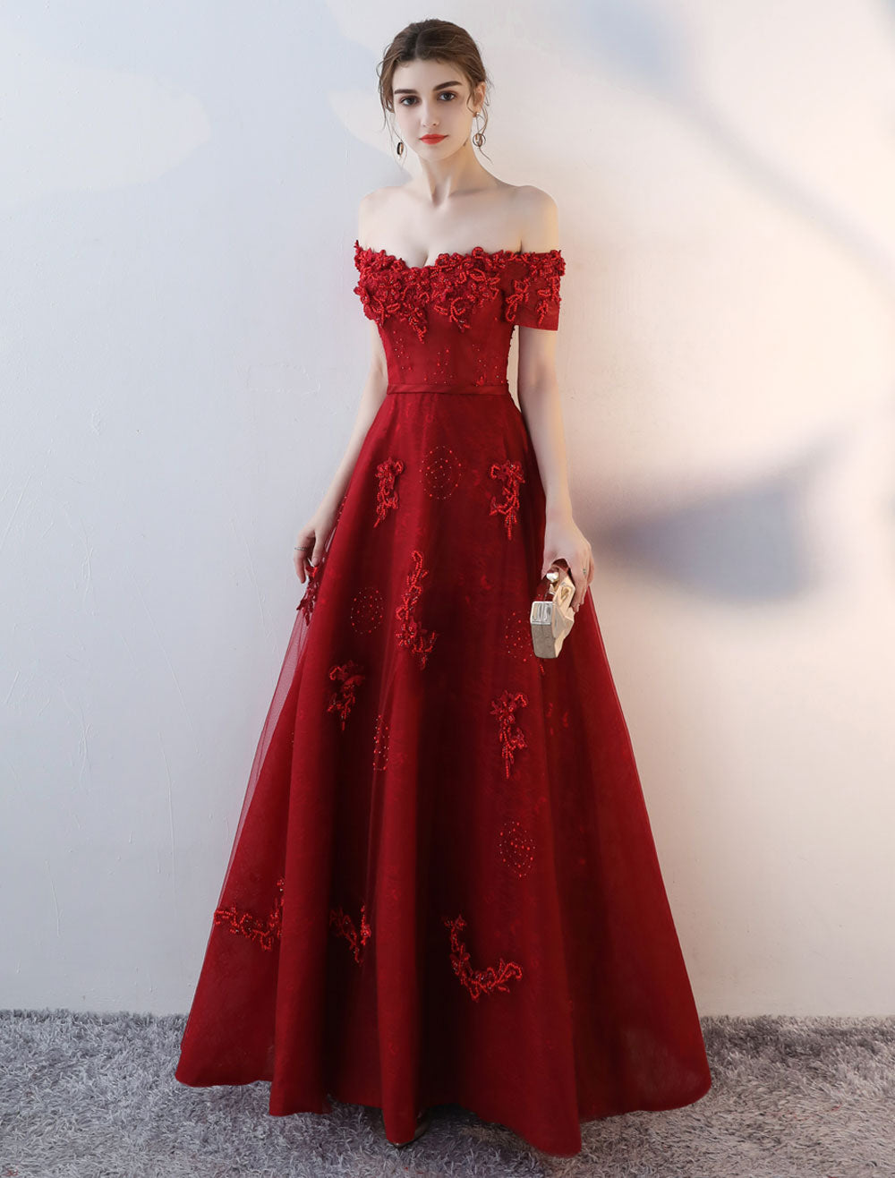 Modern Evening Dresses Long Burgundy Off-the-Shoulder evening dress Lace Applique Heavy Beading Sash Floor-Length Formal Evening Dress