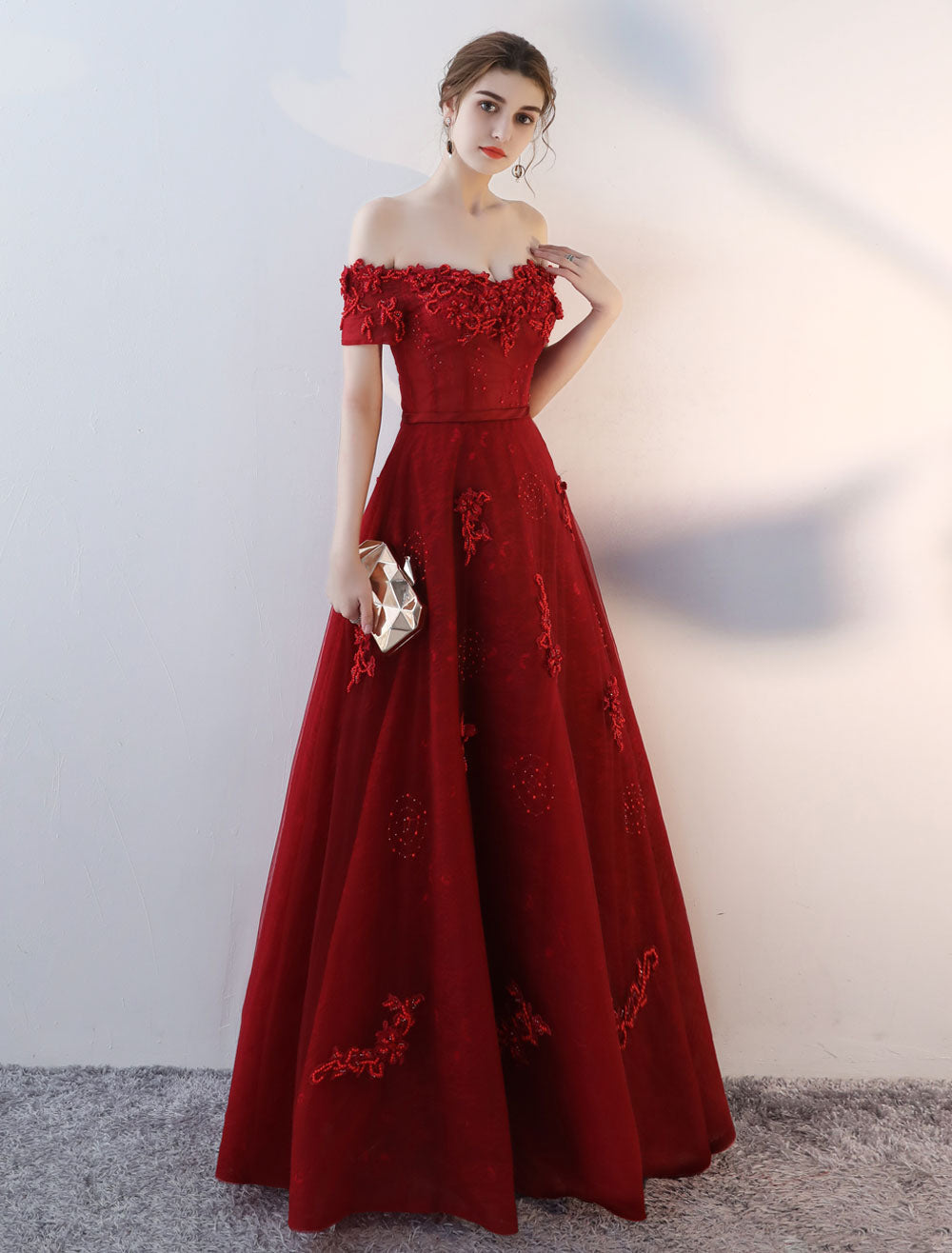 Modern Evening Dresses Long Burgundy Off-the-Shoulder evening dress Lace Applique Heavy Beading Sash Floor-Length Formal Evening Dress