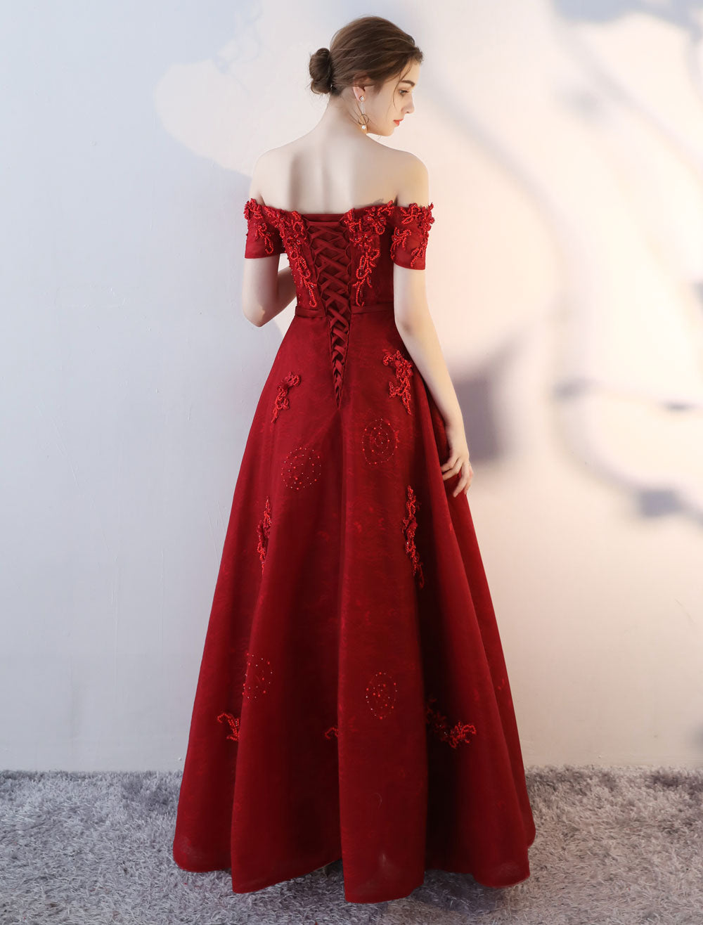 Modern Evening Dresses Long Burgundy Off-the-Shoulder evening dress Lace Applique Heavy Beading Sash Floor-Length Formal Evening Dress