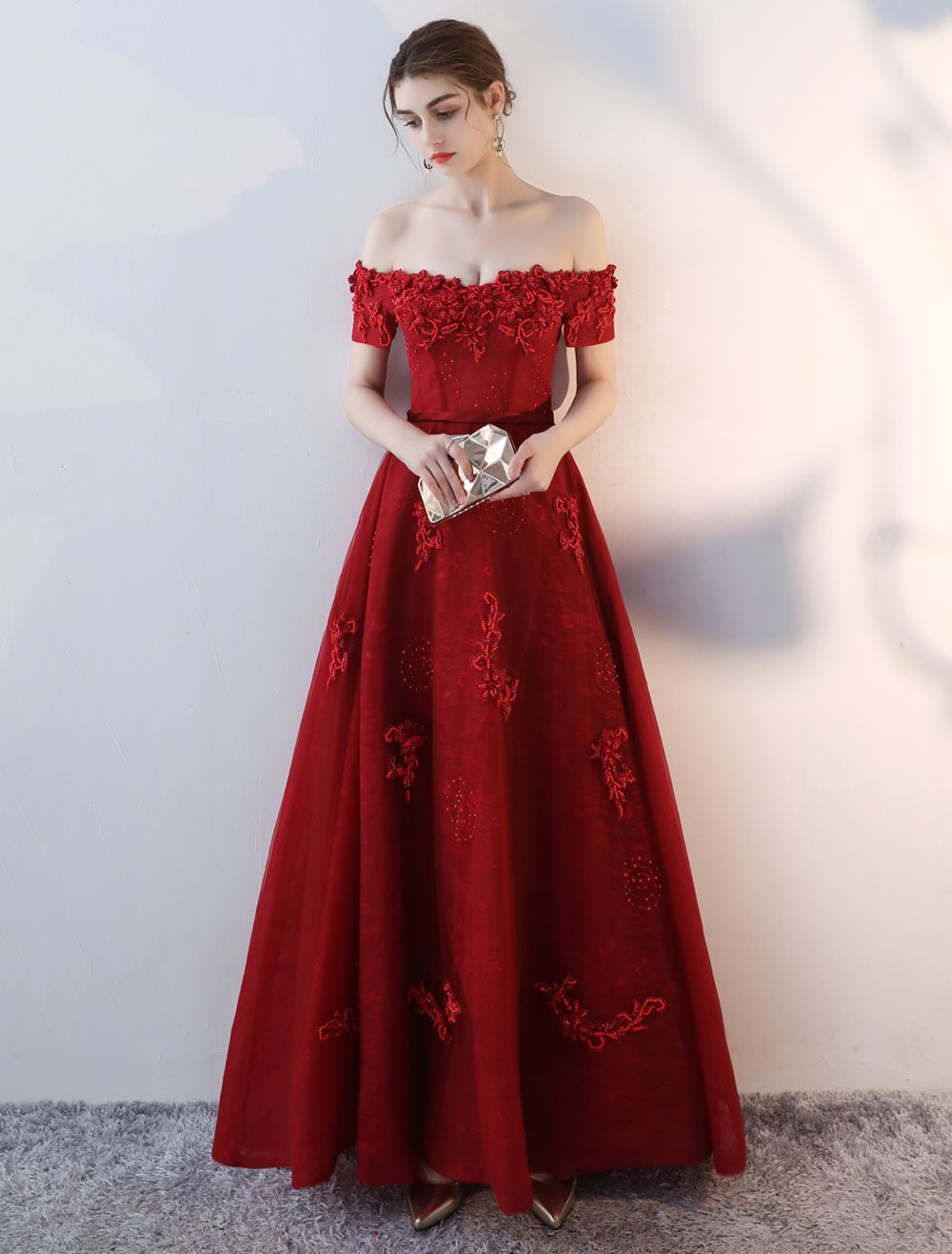 Modern Evening Dresses Long Burgundy Off-the-Shoulder evening dress Lace Applique Heavy Beading Sash Floor-Length Formal Evening Dress